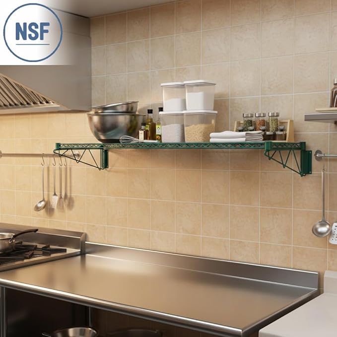 14 x 24 Wire Green Epoxy Wall Mount Shelf Commercial Fixed Wall Mount Rack NSF Metal Floating Shelving for Kitchen Stock Rooms Home and Hotel