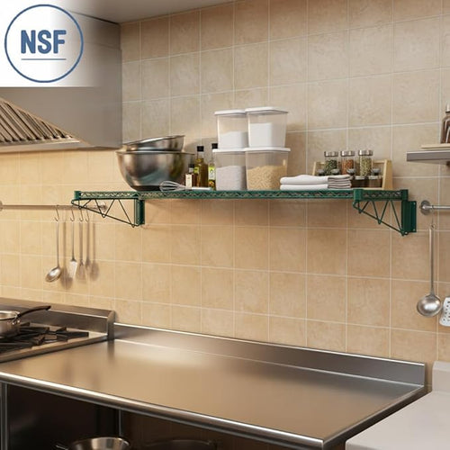 14 x 24 Wire Green Epoxy Wall Mount Shelf Commercial Fixed Wall Mount Rack NSF Metal Floating Shelving for Kitchen Stock Rooms Home and Hotel
