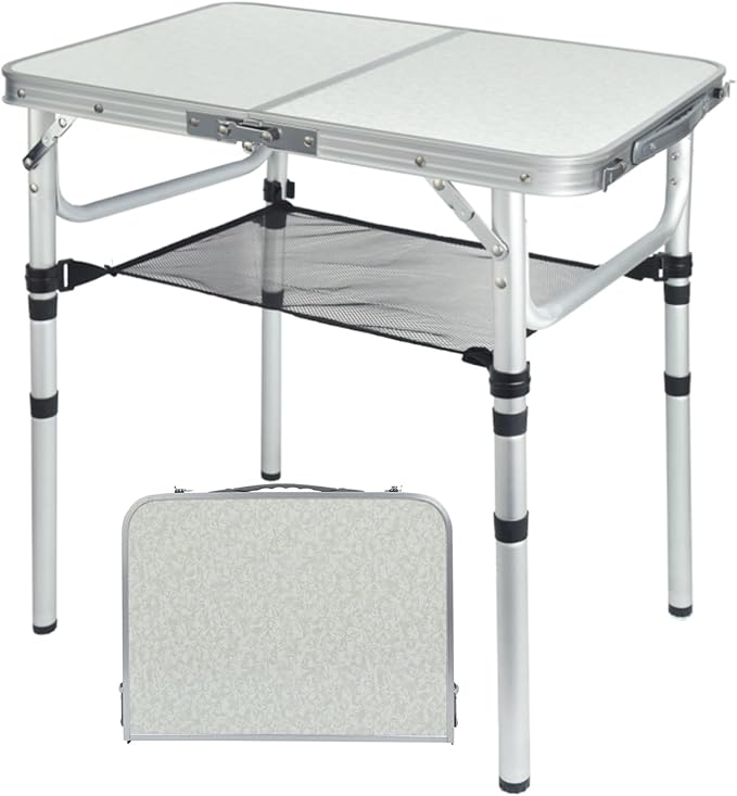 Small Folding Camping Table 2ft Portable Picnic Table Aluminum 24 x 16 Folding Table 3 Adjustable Heights Portable Lightweight Table Dining Table for RV Picnic Beach (White)