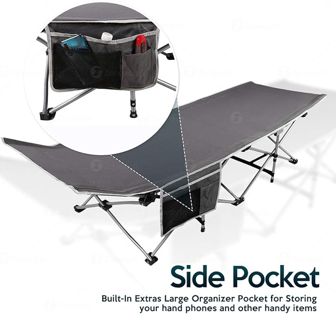 ZONETECH Folding Outdoor Travel Cot-Classic Grey Premium Quality Lightweight Portable Heavy Duty Adult and Kids Travel Cot with Large Pocket-Perfect for Hiking Camping and Outdoor Activity