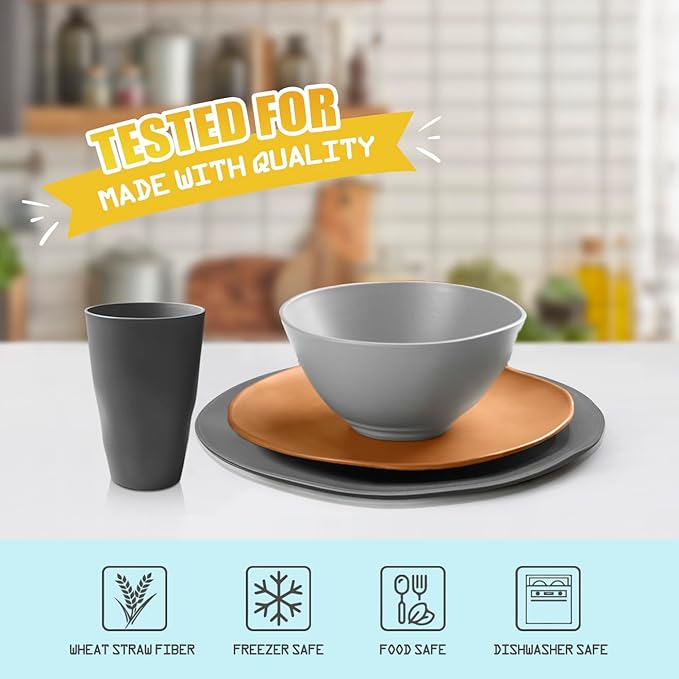 Teivio 32-Piece Kitchen Plastic Wheat Straw Dinnerware Set Service for 8 Dinner Plates Dessert Plate Cereal Bowls Cups Unbreakable Plastic Outdoor Camping Dishes Smoky Brown