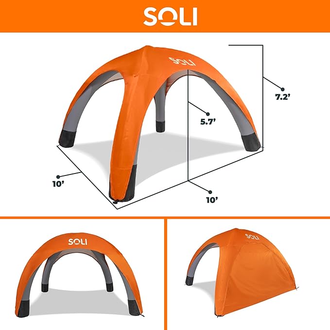 SOLI Inflatable Shade Air Canopy - Quick Self-Inflating Sun Shelter with Air Pump UPF 50+ Sun Protection Travel-Friendly Stable Anchors for Beach Camping &amp Backyard Use (Heat Wave Orange) - 10