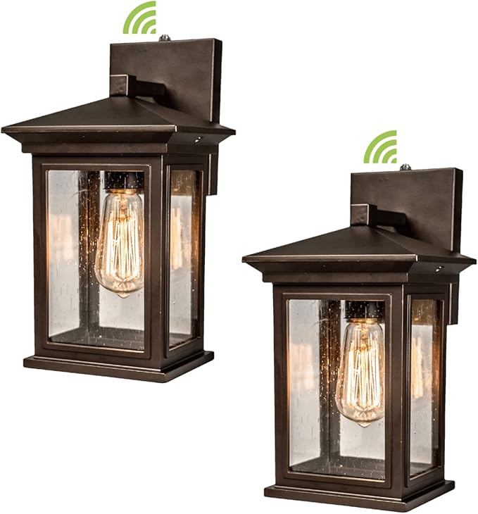 Dusk to Dawn Outdoor Wall Lantern Exterior Wall Sconce Fixture with Tempered Clear Seeded Glass Oil Rubbed Bronze (ORB) Finish for Outdoors (Medium Wall Mount - 2 Pack)