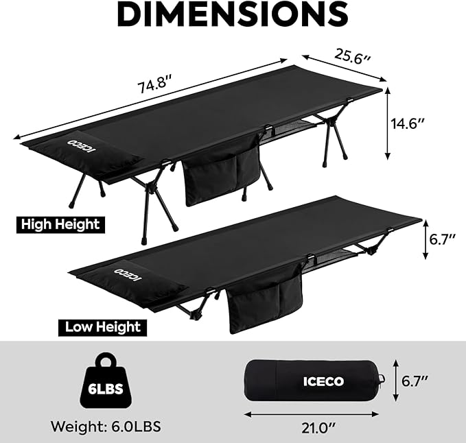 ICECO Camping Cot for Adults Height Adjustable with Cot Leg Extenders Strong Support 330lbs 900D Oxford Fabric Ultralight Comfortable Sleeping Bed for Camping Hiking Beach Home (L-Black)