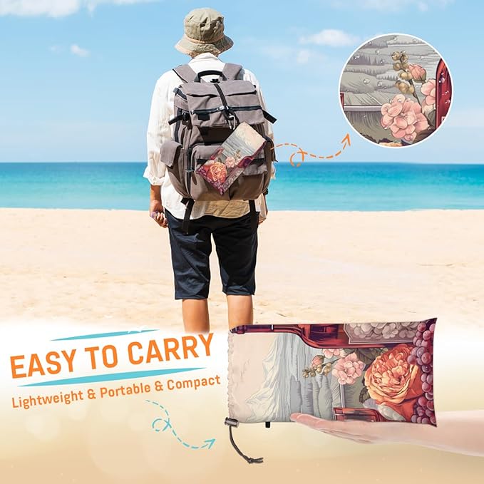 Waterproof Sandproof Beach Blanket 59''×68'' Bottle Polyester Outdoor Picnic Blanket with 4 Stakes &amp Storage Bag for BeachCampingVacation Flowers