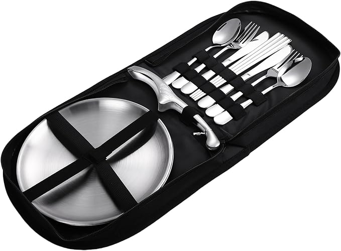 Stainless Steel Outdoor Camping Mess Kits - Includes Forks Spoons Knives Chopsticks Food Clip Plates - Portable Cutlery Bag