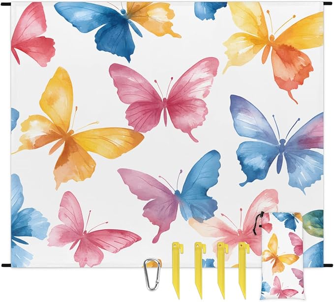 Waterproof Sandproof Beach Blanket 59''×68'' Colored Animals Butterflies Polyester Outdoor Picnic Blanket with 4 Stakes &amp Storage Bag for BeachCampingVacation