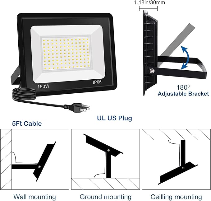 3 Pack 150W Warm White Flood Light 3000K 19500LM Outside Flood LightSuper Bright Outdoor Security Lights IP66 Waterproof Floodlight for Yard Playground Garage Garden Lawn