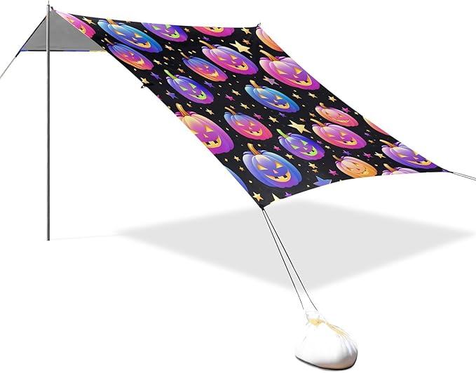 ALAZA Halloween Rainbow Pumpkin Cute Beach Tent Sun Shelter UPF50+ Protection Beach Shade Canopy w/ 4 Sandbags for Outdoor Camping Fishing Backyard Fun Picnic 10x9 ft