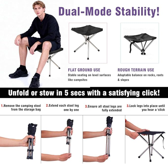 Ultra-Lightweight Camping Stoo - 260lbs Capacity | 13.8in Expanded Height | 1.2lbs Ultra-Light &amp Waterproof | 1-Pull Quick Setup for Camping Hiking Fishing BBQ &amp Waiting in Line (Black)
