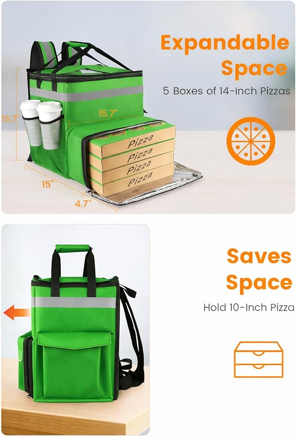 Bodaon Food Delivery Backpack with 2 Base Plates Dual-Layer Insulated Compartments Waterproof Lining Reflective Strip - Pizza Delivery Bag for Bike Couriers Grocery Takeout Food Transport
