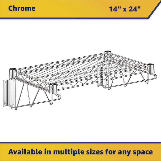 14 x 24 Wire Chrome Wall Mount Shelf Commercial Fixed Wall Mount Rack NSF Metal Floating Shelving for Kitchen Stock Rooms Home and Hotel