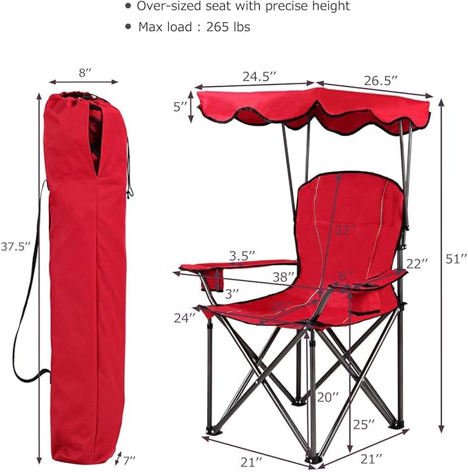 COSTWAY Portable Camping Chair with Canopy Outdoor Lawn Chair with Shade Carry Bag Cup Holder for Travel Picnic Beach (Red)