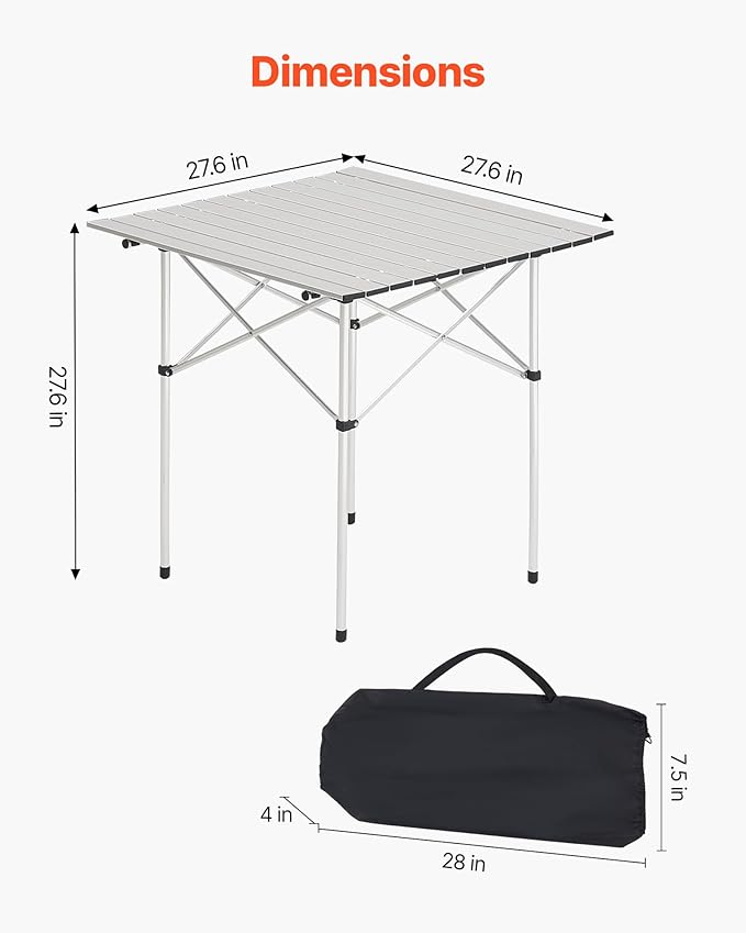 VEVOR Folding Camping Table Portable Roll Up Side Tables Lightweight Aluminum Table for Outdoor BBQ Tailgating Picnic Travel (28 inch-Silver)