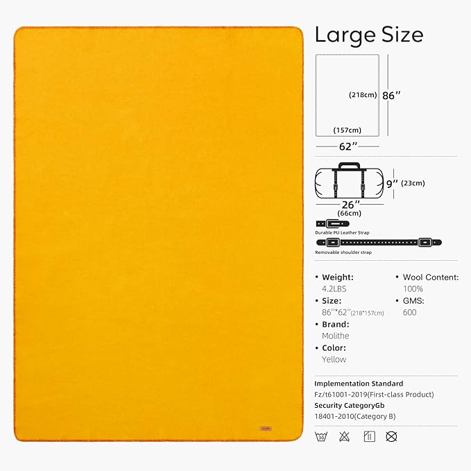 100% Wool Blanket 62 x 86 Warm Thick Washable Military Wool Blanket Great for Camping Outdoors Sporting Events Survival Kits Yellow