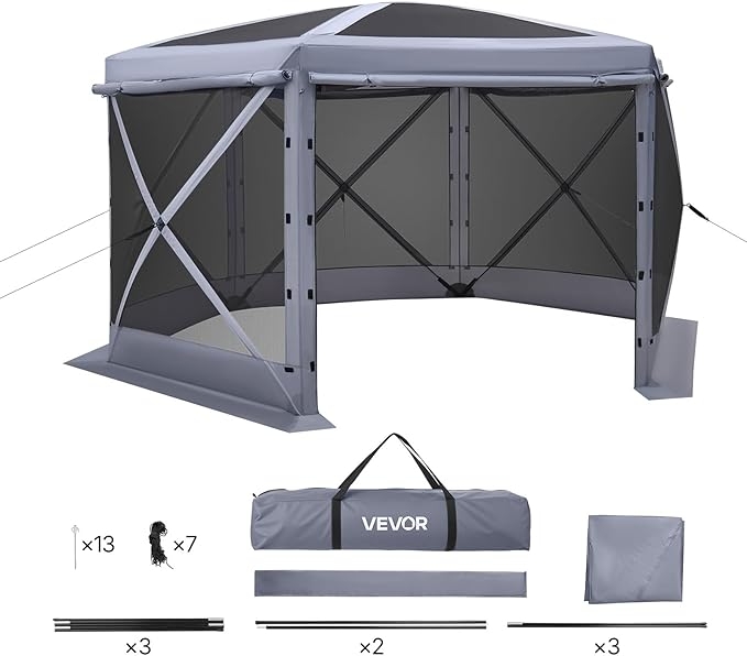 VEVOR Pop up Gazebo Screen Tent 12 x 12 ft Large 6-Sided Camping Canopy Tent with Removable Top &amp Carry Bag Quick-Set &amp Bite-Proof Screen House Sun Shelter for 8-10 Persons Backyard Patio