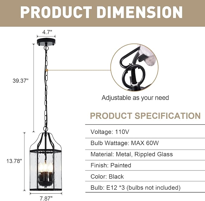 8 Modern 3-Light Exterior Black Lantern Pendant Light Fixture with Clear Rippled Glass Mini Industrial Hanging Cage Chandelier for Outdoor Kitchen Dining Room Hallway Entryway Foyer Porch