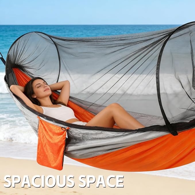 Camping Hammock with Mosquito Net - Double &amp Single Portable Hammocks with 2 Tree Straps Lightweight Hammock Tent for Outdoor Camping Hiking Backpacking Beach &amp Backyard (Orange)