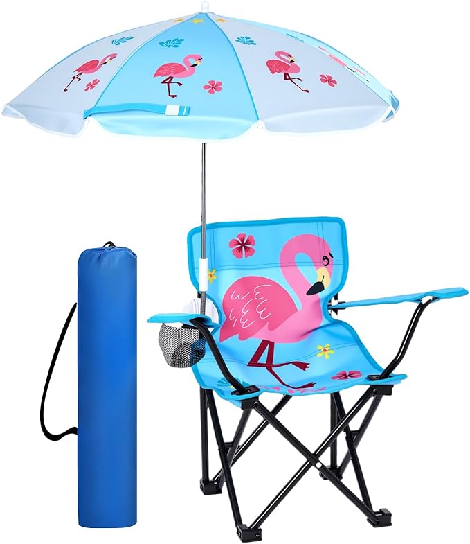 Outdoor Toddler Camping Chair with Umbrella Foldable Beach Chairs with Safety Lock for Kids Waterproof Lawn Kids Folding Chair for Outside Beach Travel(Flamingo)