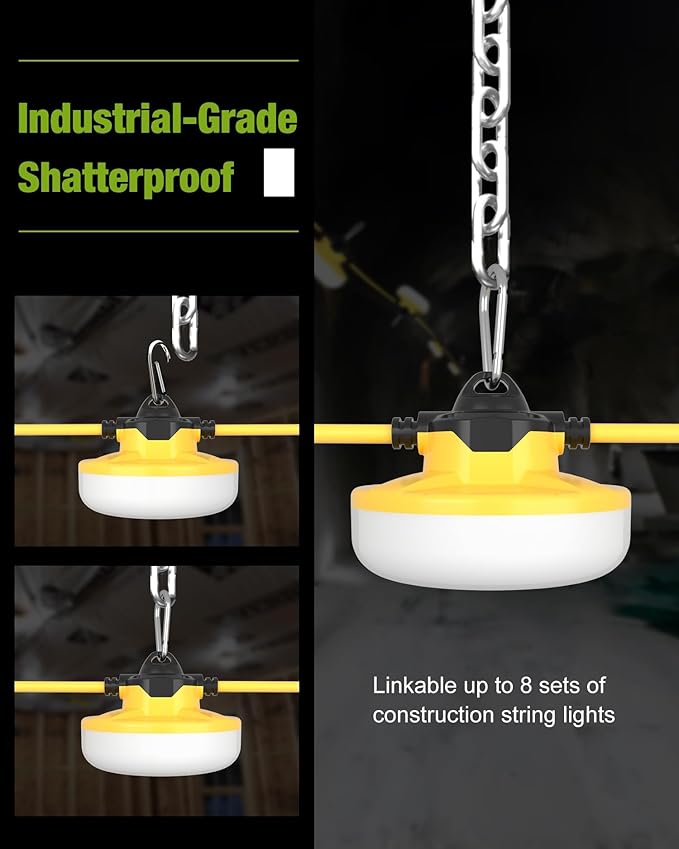 100FT Construction String Lights 3Prong Temp Lighting130W 16000LM Industrial String Work Lights IP65 Waterproof 18AWG Wire 5000K Super Bright for Jobsites Temporary Outdoor &amp Crawl Space Lightin