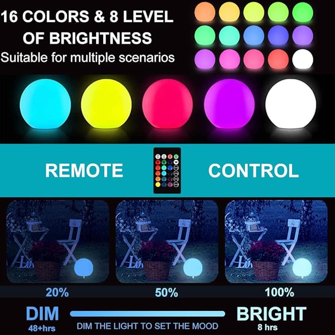 12-inch Dimmable Solar Globe Light RGB 16 Color Changing Large Glowing Orb Light w/Remote Waterproof Outdoor Solar Ball Lights with Ground Stake Perfect for Backyard Garden Poolside