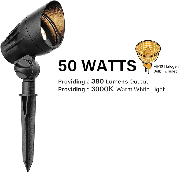 Outdoor Low Voltage Landscape Light 50 Watt Halogen Spotlights 12 Volt Flood Lights 3000K Warm White with Connector and Stake