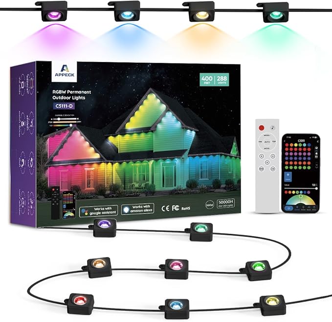 APPECK Permanent Outdoor Lights 400ft with 288 LED Lights 144W Smart RGBW Eaves LightsDC 36V 40LM IP67 Waterproof String Lights for Christams Party Decor Compatible with Alexa Black