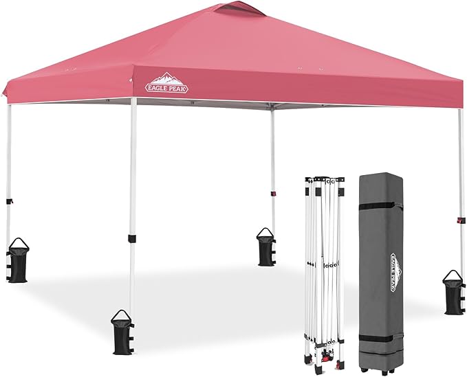 EAGLE PEAK Pop Up Canopy Tent with Wheeled Carry Bag 8 Stakes 4 Ropes 4 Weight Bags Easy Set Up Tent Canopy 10x10 ft 100sqft of Shade Peach Pink