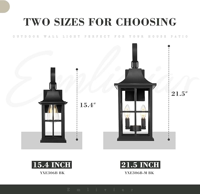 Emliviar Outdoor Porch Light Wall Mount 15.4 Inch Patio Wall Light Fixture in Black Finish Outside Light with Clear Glass for Garage YXE306B BK