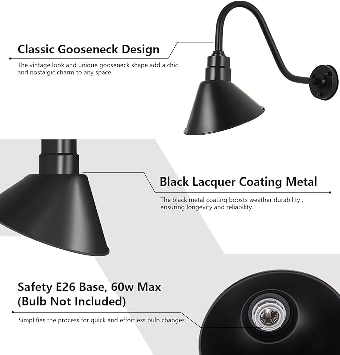 10-Inch Outdoor Gooseneck Barn Light with Extended Arm Design – Perfect for Outdoor Sign Lighting of Restaurants Cafes and Shops 4-Pack