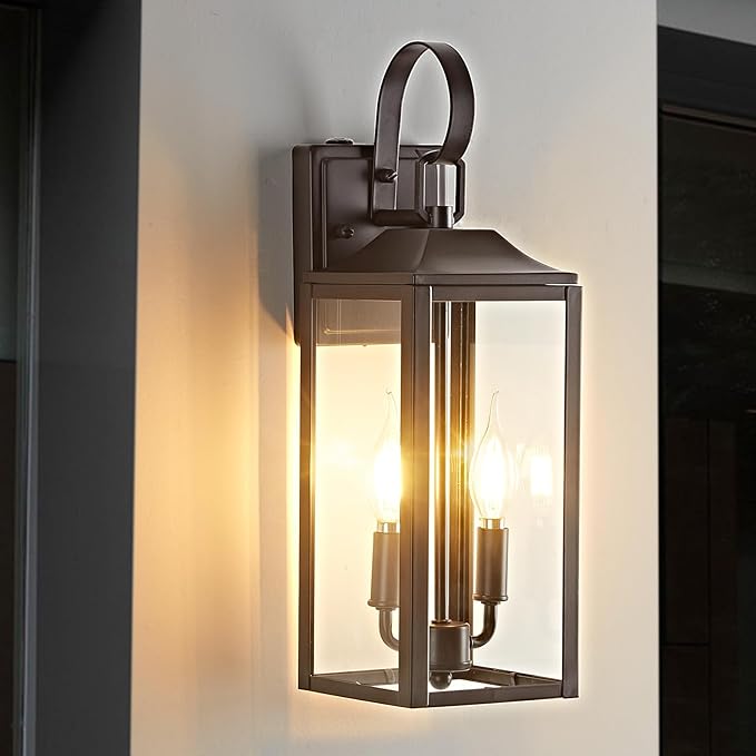 OKELI 17.6 2-Pack Dusk to Dawn Outdoor Lighting Large Exterior Porch Lighting 2-Light Farmhouse Outside Lantern Lights with Clear Glass Waterproof Wall Sconces Lamp for House Garage Brown
