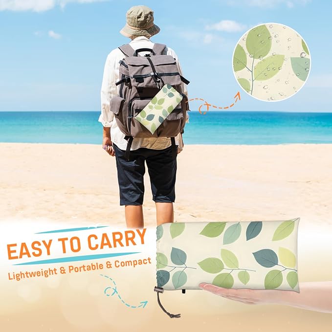 Waterproof Sandproof Beach Blanket 59''×68'' Ficus Tree Leaves Polyester Outdoor Picnic Blanket with 4 Stakes &amp Storage Bag for BeachCampingVacation Beige
