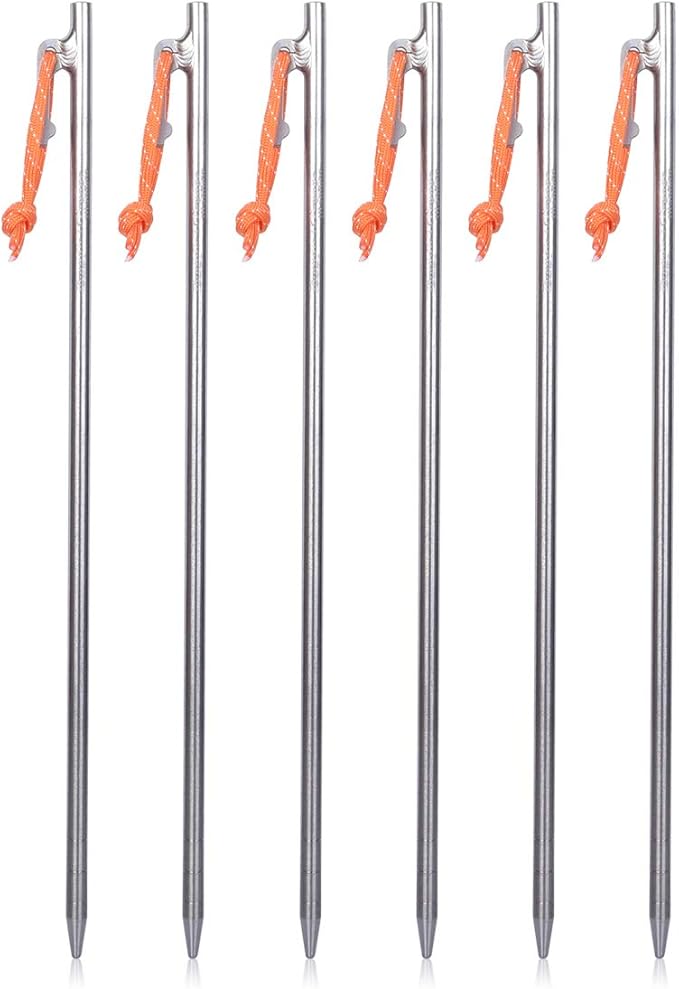 iBasingo 6-Pack Titanium Tent Stakes 20/24/30/35/40cm with Reflective Ropes Ultralight Backpacking Stakes for Camping Hiking Picnic Corrosion-Resistant &amp Durable Ground Pegs Ti4012P