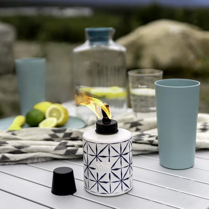 TIKI Glass Tie-Dye Tabletop Torches 3-Pack – Decorative Outdoor TIKI Torches for Patio Backyard &amp Garden – Portable Tabletop Citronella Torches for Outdoor Lighting – Blue 5.75-Inch