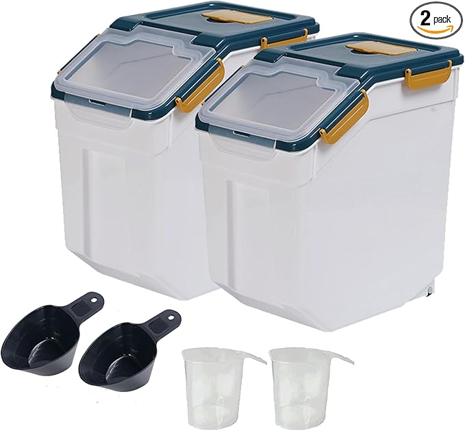Large Flour Storage Container Bin 25Lb 2Pack Airtight Rice Storage Containers with Wheels Seal Locking Lid BPA Free with Measuring Cup&ampScoop for Flour Rice Grain(Blue)
