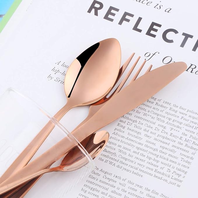 Rose Gold Silverware Set BuyGo 24-Piece Stainless Steel Camping Flatware Dinnerware Set for 6 Hand Polish Dishwasher Safe