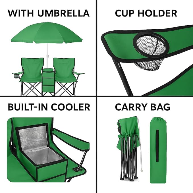 GoTEAM! Portable 2-Seat Folding Camp Chair with Cooler Umbrella &amp Cup Holders – Outdoor Picnic Beach or Tailgate Seating – Carry Case Included