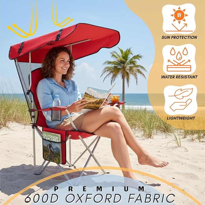 Portable Folding Camping Chairs with Canopy Shade Beach Chair for Adults Durable Weather Resistant 600D Oxford Cloth Camping Chair with Canopy for Outdoors [Red]