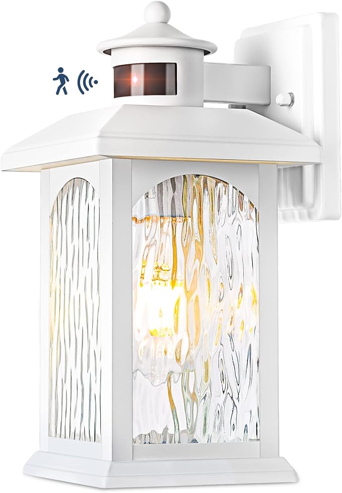 Motion Sensor Outdoor Wall Sconce White Dusk to Dawn Motion Sensor Lighting Smart &amp Waterproof Wall Lights &amp Exterior Light Fixture Porch Lights with Rippled Glass for Garage House