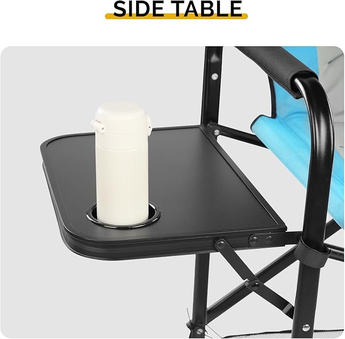 Tall Camping Directors Chair 26 Portable Folding Artist Makeup Chair with Side Table Pocket Footrest Concert Outdoor Foldable Camp Lawn Chairs (Blue)