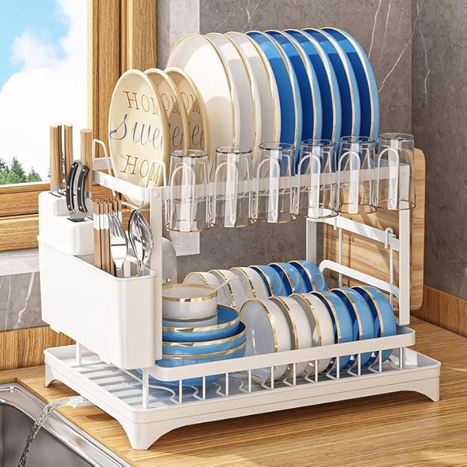 BCWW 2-Tier Dish Racks for Kitchen Counter Multifunctional Dish Drying Rack Large Capacity Metal Kitchen Dishes Drying Rack Plate Organizer for Bowls/Cups/Bottles (White)