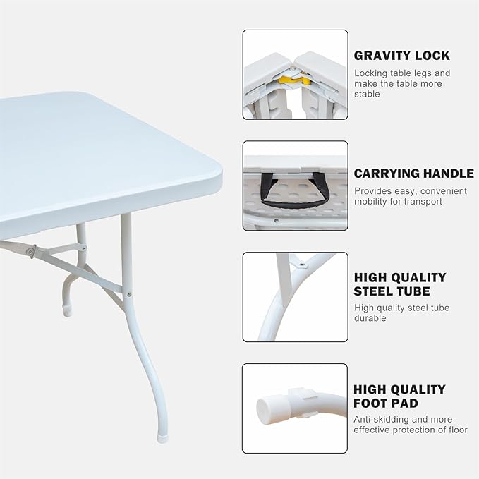ZeHuoGe Portable Folding TableLightweight Picnic Party Dining Camp Table Folding Banquet TableMultifunctional Camping Table (White 6ft)