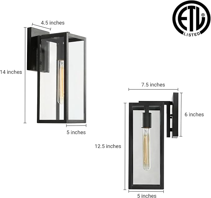 LALUZ Black Outdoor Wall Lights Modern Farmhouse Outdoor Light Fixture Wall Mount with Clear Glass Waterproof Rectangular Exterior Outdoor Sconce Wall Lantern Lights for House Porch Patio Garage