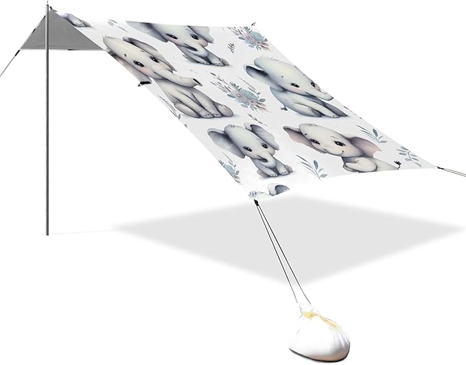Cute White Elephant Camping Sun Shelter Beach Tent Portable Beach Sun Shade Outdoor Canopy for Camping Trips Fishing Picnic