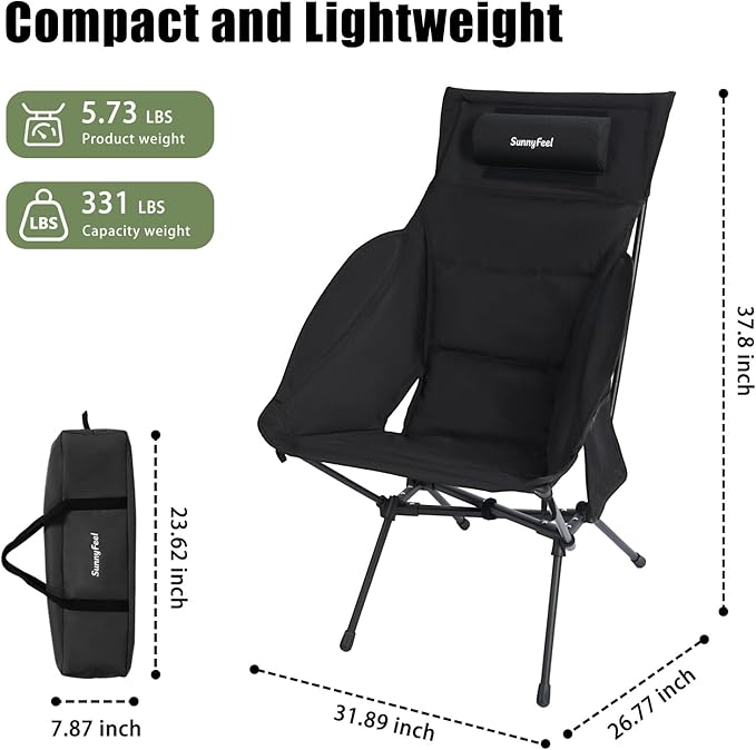 SUNNYFEEL Lightweight Backpacking Chair Oversized Wider Cotton-Padded Camping Chair Portable High Back Folding Chair with Adjustable Pillow for Hiking Heavy-Duty 330 Pound Capacity Black