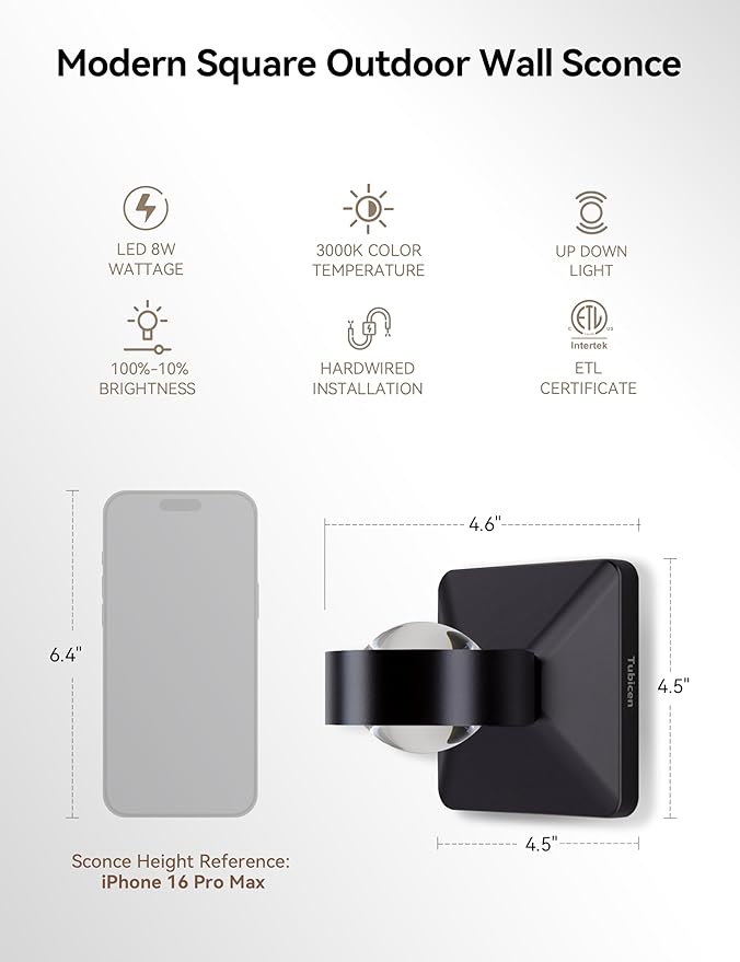 Tubicen LED Exterior Wall Lights Hardwired Bright Outdoor Waterproof Wall Sconce Up Down Fence Lights 8W Dimmable Modern Outdoor Wall Light for Outside Patio Porch Garage Garden Yard Black