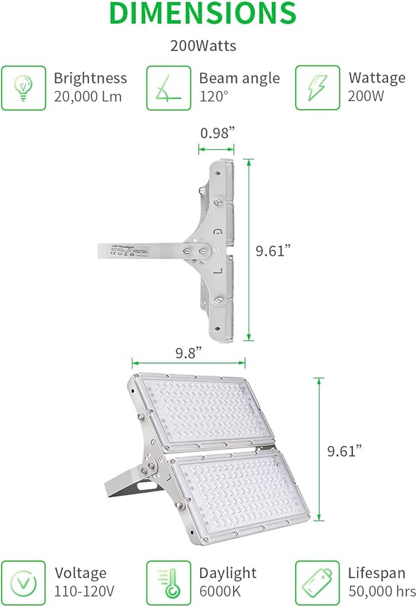 Viugreum 200W LED Flood Light 16000LM 6000K Daylight White Slim Outdoor Floodlight IP66 Waterproof Security Lights Landscape Wall Lights for Garage Garden Lawn Yard Playground