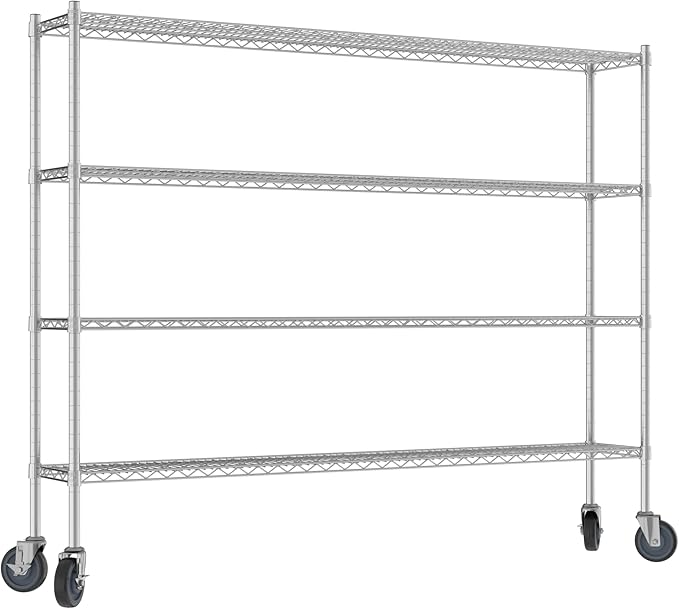 Commercial NSF Listed Chrome Mobile Wire Shelving Kit 12 x 72 x 60 with 4 Shelves Perfect for Warehouse Walk-in Refrigerator Freezer Grocery Store Restaurant Dishroom