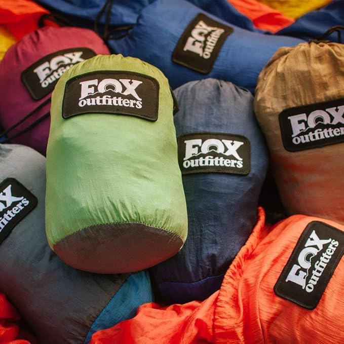 Fox Outfitters Neolite Double Camping Hammock - Lightweight Portable Nylon Parachute Hammock for Backpacking Travel Beach Yard. Hammock Straps &amp Steel Carabiners Included (Khaki/Olive Green)