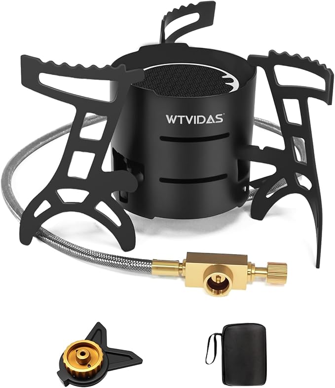 Camping Stove 3000W Portable Backpacking Stove with Piezo Ignition Fuel Canister Adapter Windproof Gas Stove for Camping Hiking Outdoor Cooking